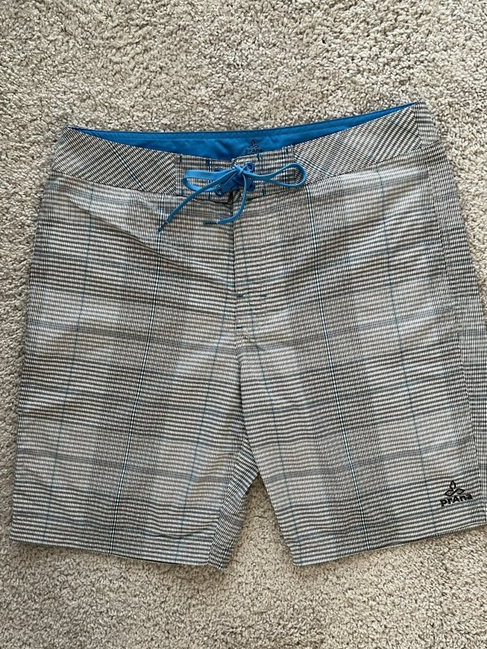 Prana Men's Swim Trunks Blue/White/Gray Striped w/Drawstring 34" Waist